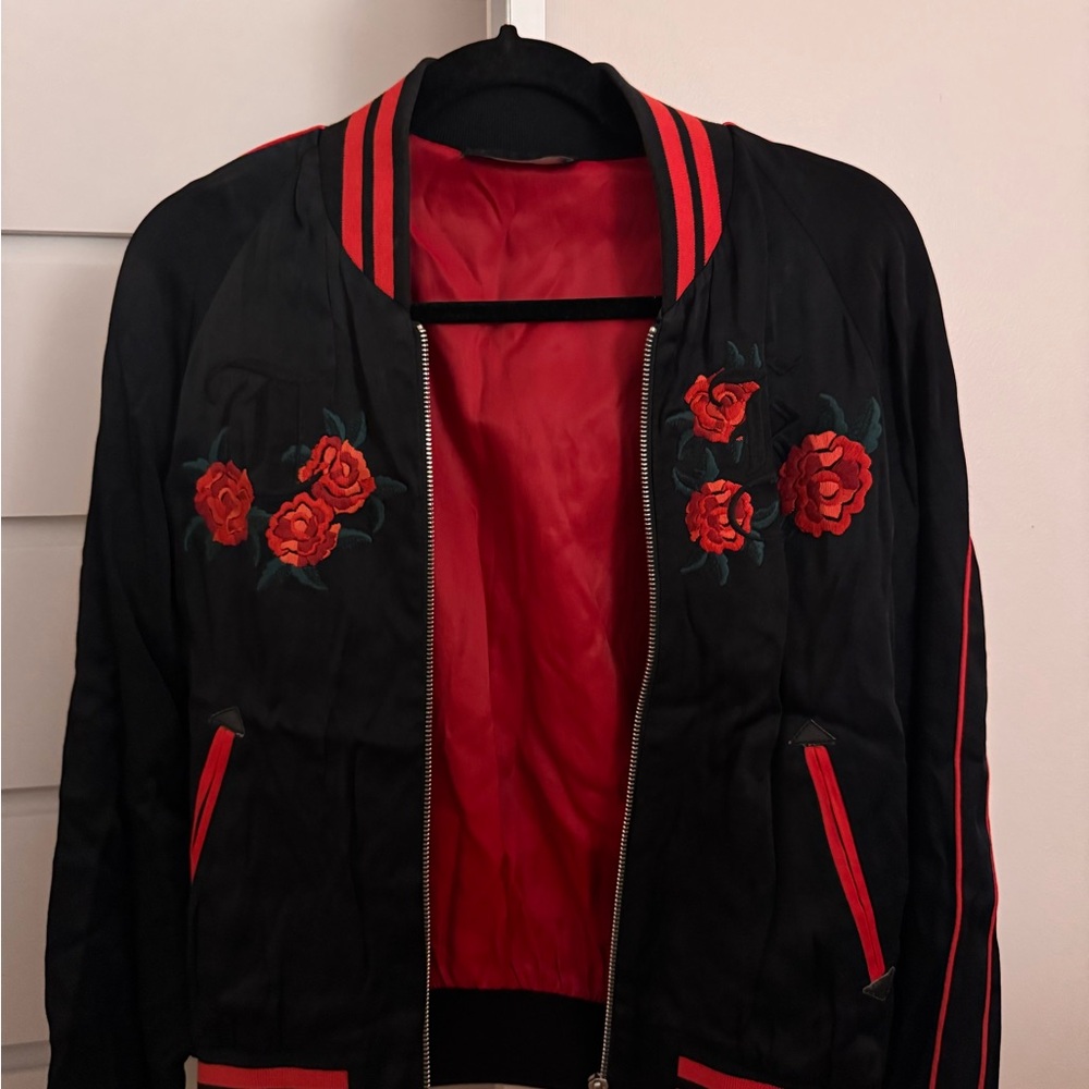 The Kooples Black and Red Floral Embroidered Women's Jacket